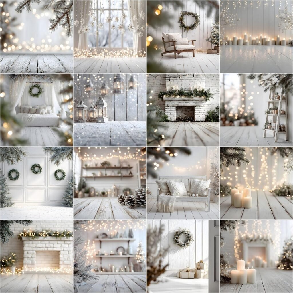 White Christmas digital backdrop bundle — 45 high-resolution studio backgrounds with white brick walls, white wooden floors, pine branch bokeh and fairy lights for holiday portraits.