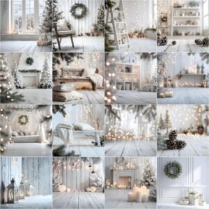 White Christmas digital backdrop bundle — 45 high-resolution studio backgrounds with white brick walls, white wooden floors, pine branch bokeh and fairy lights for holiday portraits.