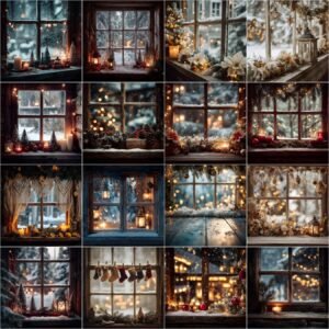 rustic vintage Christmas window digital backdrops in 4K resolution, featuring frosted glass, wooden frames, farmhouse garlands, warm holiday lights, and festive photography backgrounds for portraits and composites.