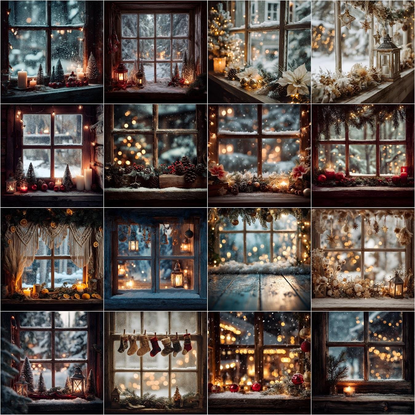 rustic vintage Christmas window digital backdrops in 4K resolution, featuring frosted glass, wooden frames, farmhouse garlands, warm holiday lights, and festive photography backgrounds for portraits and composites.