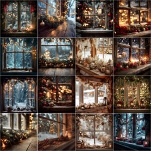 rustic vintage Christmas window digital backdrops in 4K resolution, featuring frosted glass, wooden frames, farmhouse garlands, warm holiday lights, and festive photography backgrounds for portraits and composites.