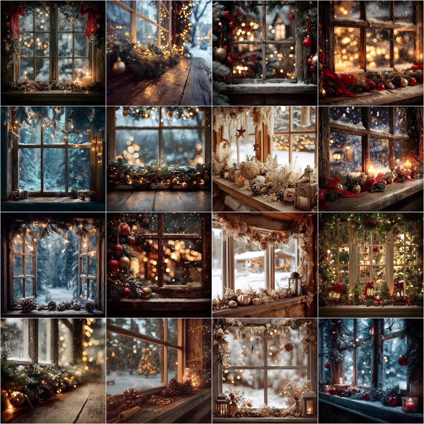 rustic vintage Christmas window digital backdrops in 4K resolution, featuring frosted glass, wooden frames, farmhouse garlands, warm holiday lights, and festive photography backgrounds for portraits and composites.