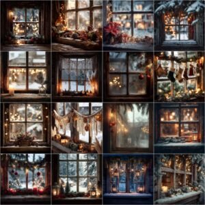 rustic vintage Christmas window digital backdrops in 4K resolution, featuring frosted glass, wooden frames, farmhouse garlands, warm holiday lights, and festive photography backgrounds for portraits and composites.