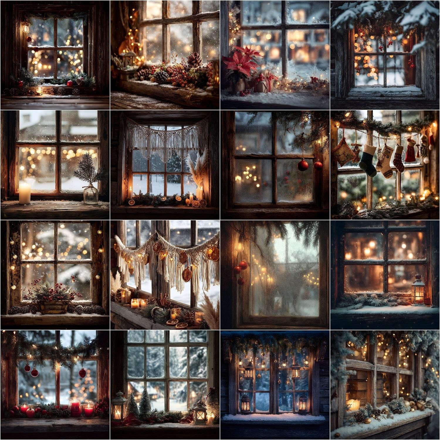 rustic vintage Christmas window digital backdrops in 4K resolution, featuring frosted glass, wooden frames, farmhouse garlands, warm holiday lights, and festive photography backgrounds for portraits and composites.