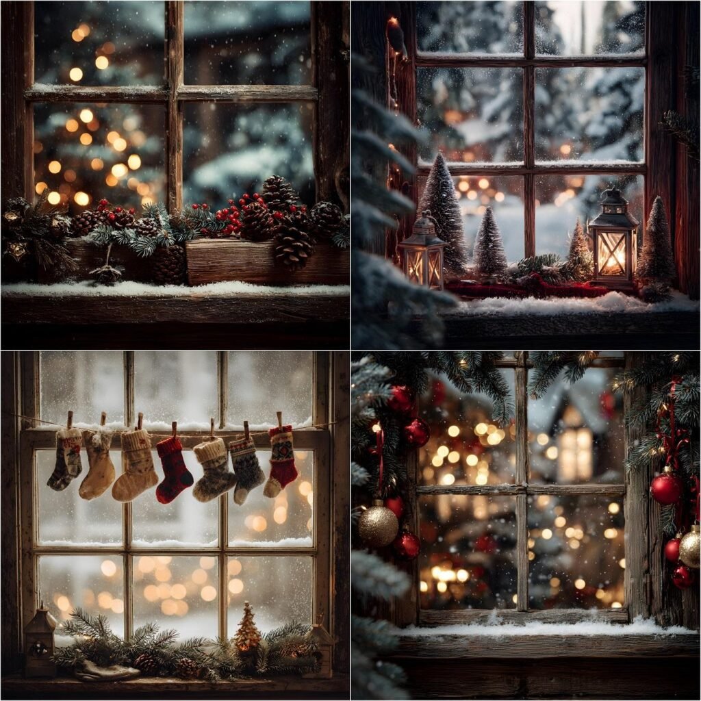 rustic vintage Christmas window digital backdrops in 4K resolution, featuring frosted glass, wooden frames, farmhouse garlands, warm holiday lights, and festive photography backgrounds for portraits and composites.