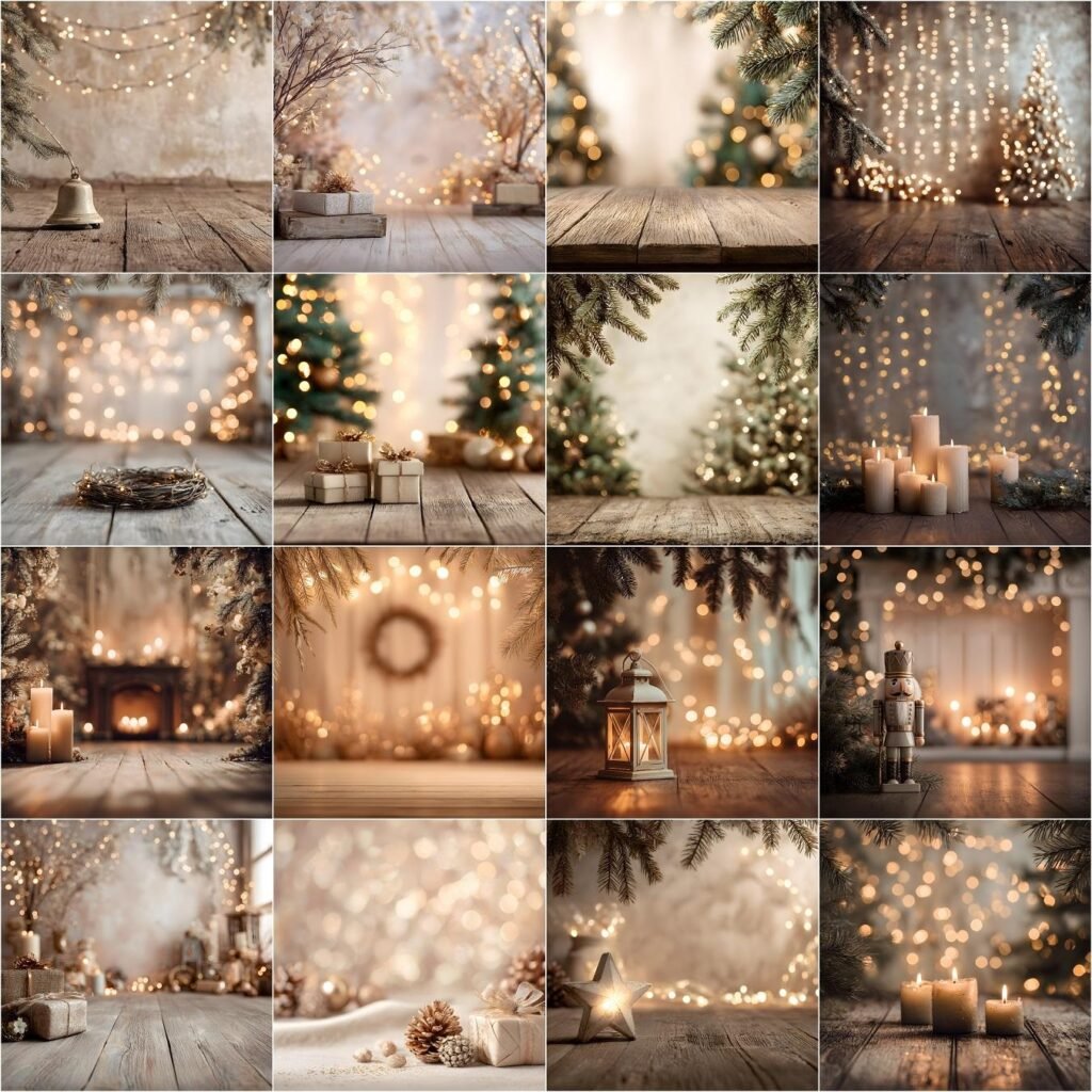 Christmas digital backdrop collection with rustic brick wall backgrounds, wooden floor holiday scenes, blurred pine branch bokeh, and cozy winter photography backdrops for portraits.