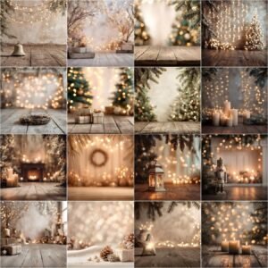 Christmas digital backdrop collection with rustic brick wall backgrounds, wooden floor holiday scenes, blurred pine branch bokeh, and cozy winter photography backdrops for portraits.