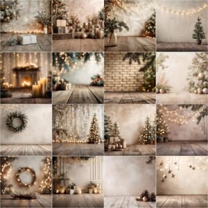 Christmas digital backdrop collection with rustic brick wall backgrounds, wooden floor holiday scenes, blurred pine branch bokeh, and cozy winter photography backdrops for portraits.