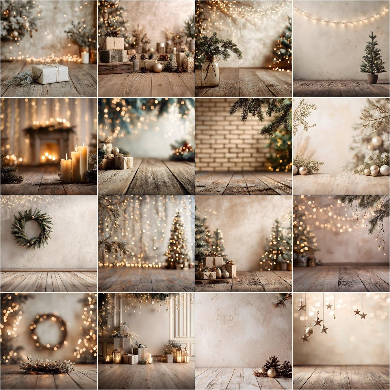 Christmas digital backdrop collection with rustic brick wall backgrounds, wooden floor holiday scenes, blurred pine branch bokeh, and cozy winter photography backdrops for portraits.