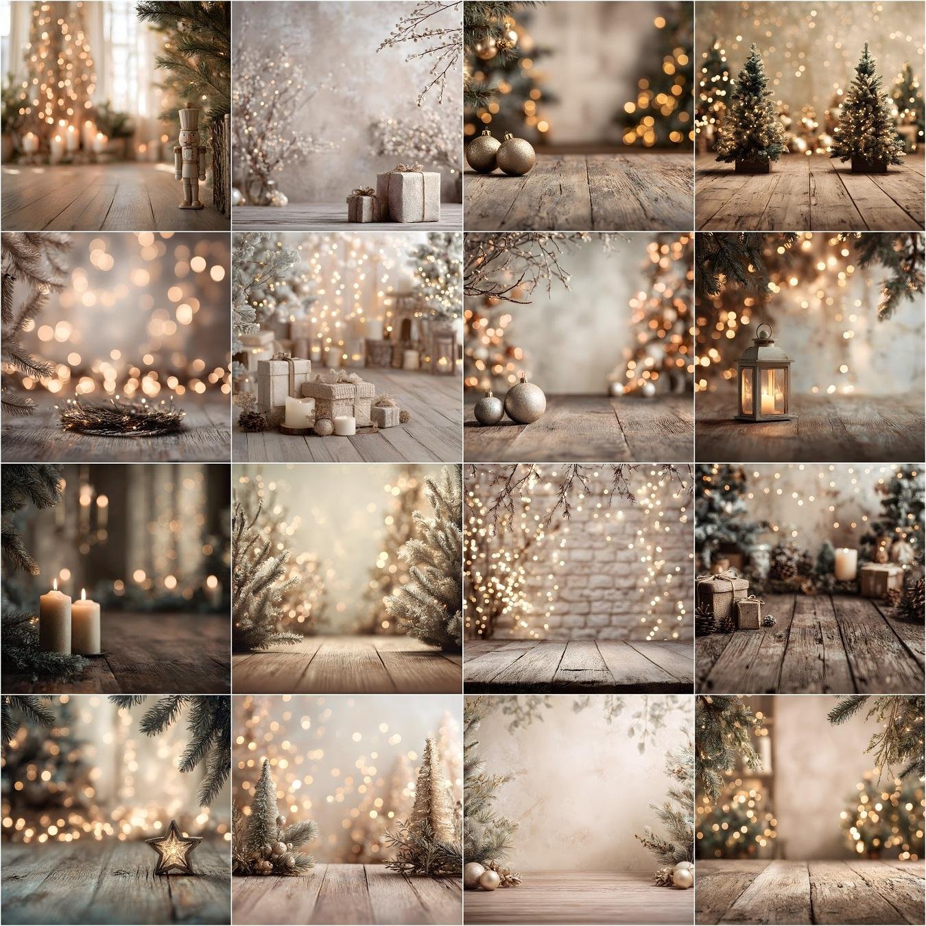 Christmas digital backdrop collection with rustic brick wall backgrounds, wooden floor holiday scenes, blurred pine branch bokeh, and cozy winter photography backdrops for portraits.