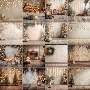 Christmas digital backdrop collection with rustic brick wall backgrounds, wooden floor holiday scenes, blurred pine branch bokeh, and cozy winter photography backdrops for portraits.