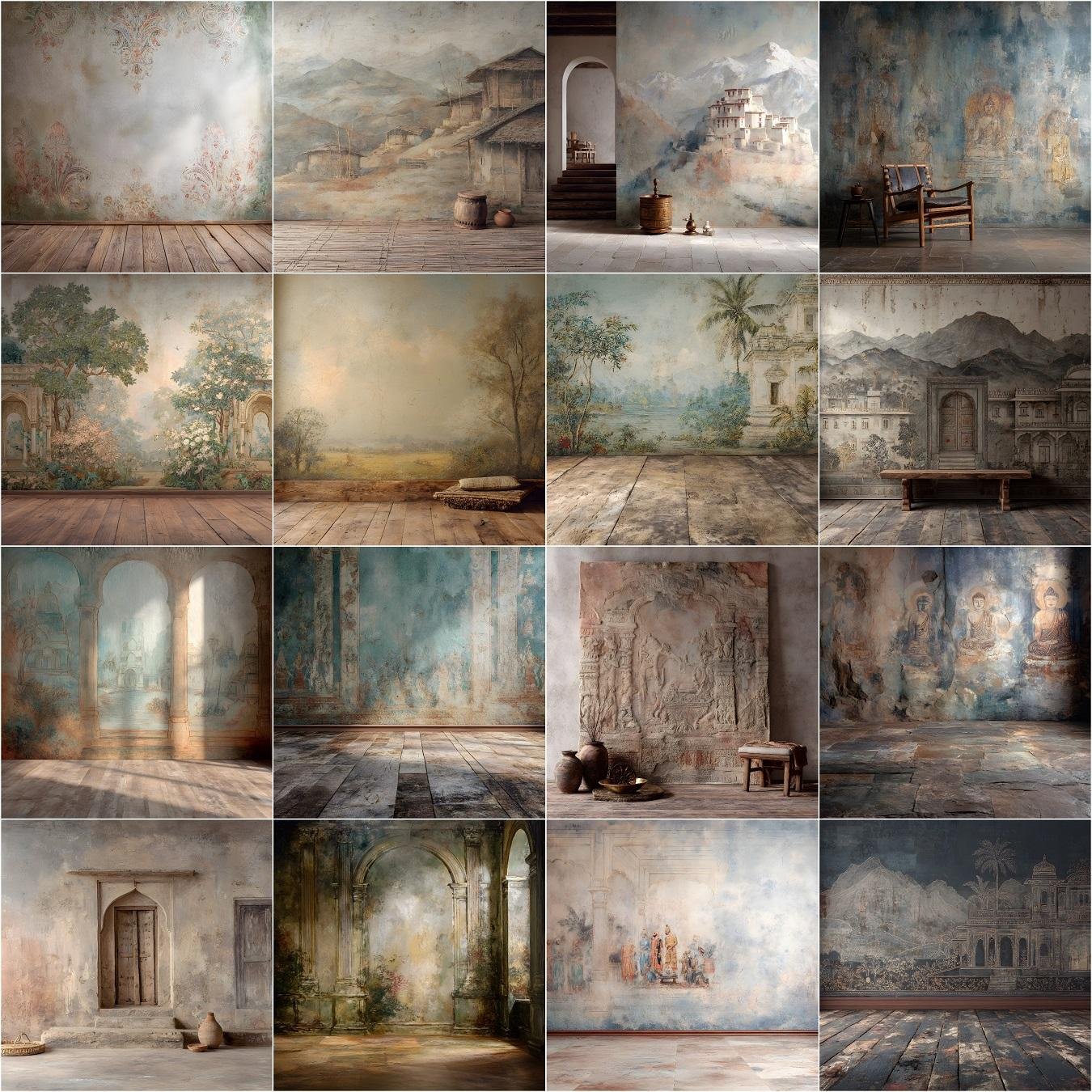 60 ethnic fine art studio photography backdrops, high resolution digital backgrounds with vintage palace walls, textured stone floors, hand-painted royal patterns, pastel and muted colors, luxury portrait backgrounds for photo editing, professional studio photography, Photoshop overlays and composites.