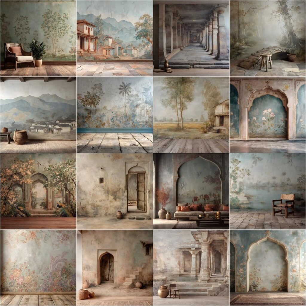 60 ethnic fine art studio photography backdrops, high resolution digital backgrounds with vintage palace walls, textured stone floors, hand-painted royal patterns, pastel and muted colors, luxury portrait backgrounds for photo editing, professional studio photography, Photoshop overlays and composites.