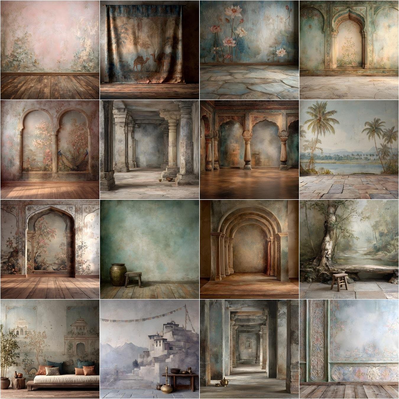 60 ethnic fine art studio photography backdrops, high resolution digital backgrounds with vintage palace walls, textured stone floors, hand-painted royal patterns, pastel and muted colors, luxury portrait backgrounds for photo editing, professional studio photography, Photoshop overlays and composites.