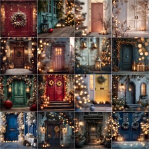 50 Christmas door digital backdrops bundle collection, featuring festive front doors decorated with wreaths, candles, bokeh lights, snow, and holiday decorations – perfect winter and Christmas photography backgrounds.