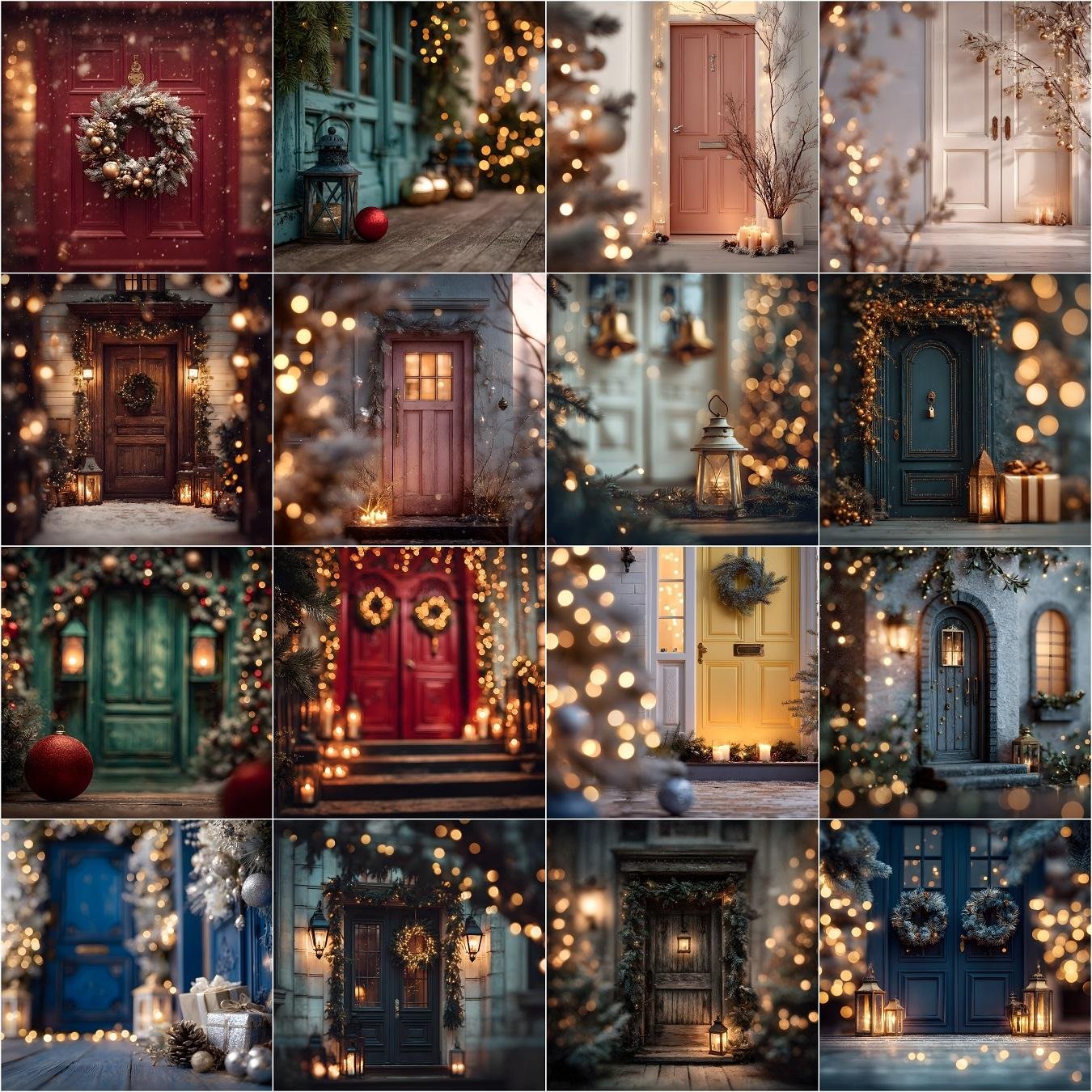 50 Christmas door digital backdrops bundle collection, featuring festive front doors decorated with wreaths, candles, bokeh lights, snow, and holiday decorations – perfect winter and Christmas photography backgrounds.