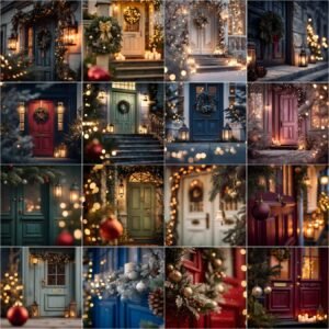 50 Christmas door digital backdrops bundle collection, featuring festive front doors decorated with wreaths, candles, bokeh lights, snow, and holiday decorations – perfect winter and Christmas photography backgrounds.