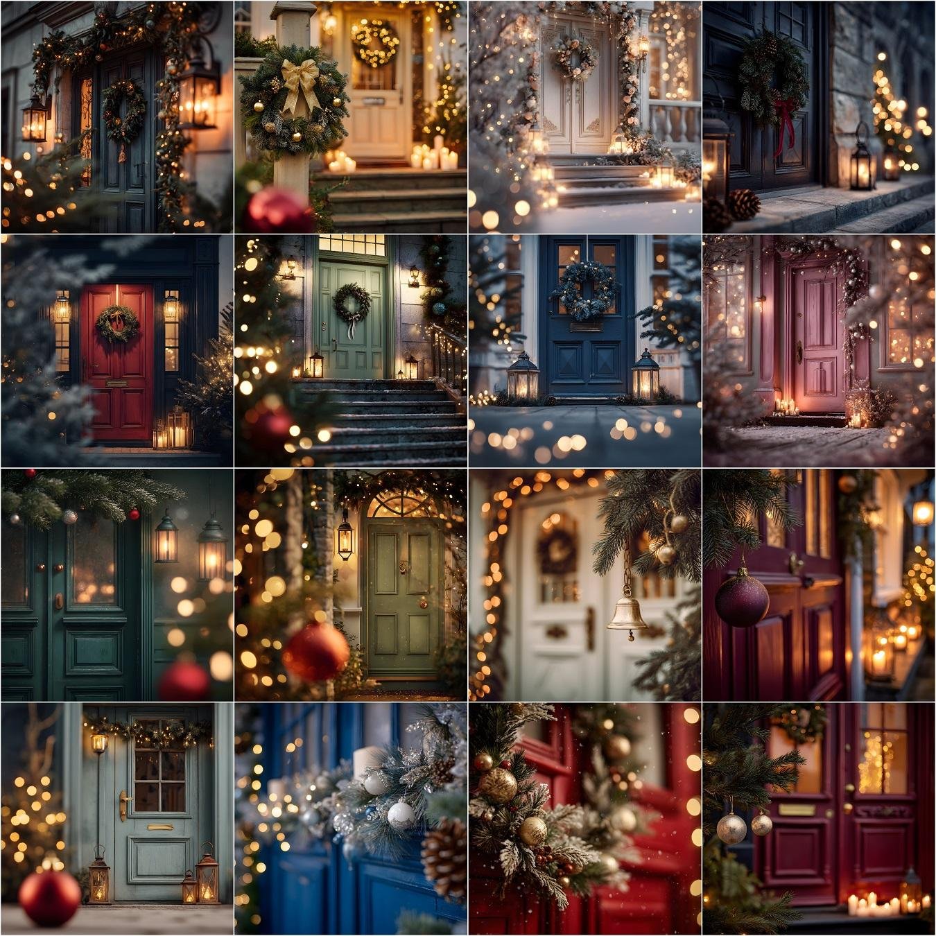 50 Christmas door digital backdrops bundle collection, featuring festive front doors decorated with wreaths, candles, bokeh lights, snow, and holiday decorations – perfect winter and Christmas photography backgrounds.