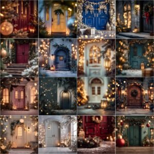 50 Christmas door digital backdrops bundle collection, featuring festive front doors decorated with wreaths, candles, bokeh lights, snow, and holiday decorations – perfect winter and Christmas photography backgrounds.