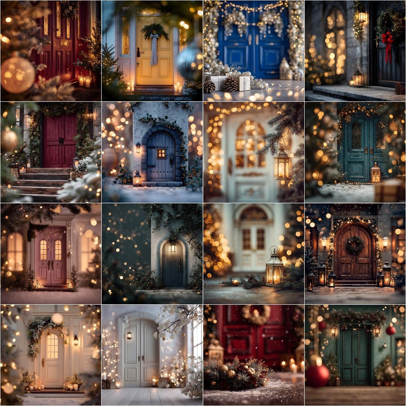 50 Christmas door digital backdrops bundle collection, featuring festive front doors decorated with wreaths, candles, bokeh lights, snow, and holiday decorations – perfect winter and Christmas photography backgrounds.