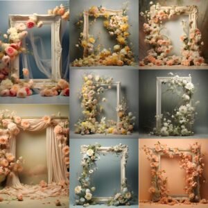 Elegant floral frame digital backdrop with fine art textures, perfect for maternity photography, portrait sessions, and family photoshoots — featuring soft pastel flowers, artistic frames, and natural light for timeless, professional photo editing.