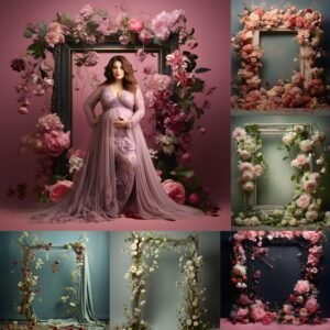 Elegant floral frame digital backdrop with fine art textures, perfect for maternity photography, portrait sessions, and family photoshoots — featuring soft pastel flowers, artistic frames, and natural light for timeless, professional photo editing.
