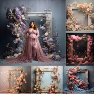 Elegant floral frame digital backdrop with fine art textures, perfect for maternity photography, portrait sessions, and family photoshoots — featuring soft pastel flowers, artistic frames, and natural light for timeless, professional photo editing.