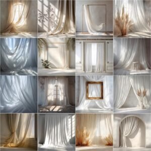 Elegant white curtain fine art studio backdrop for portrait photography, maternity sessions, and newborn photoshoots — soft sheer fabric background with minimal modern design, high-resolution digital backdrop, instant download.