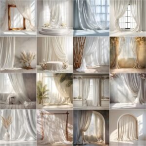 Elegant white curtain fine art studio backdrop for portrait photography, maternity sessions, and newborn photoshoots — soft sheer fabric background with minimal modern design, high-resolution digital backdrop, instant download.