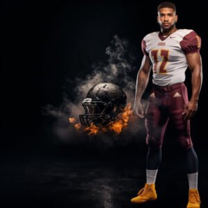 Epic football digital backdrop with fire, smoke, and fog under bright stadium lights — perfect for sports portraits, senior photos, team posters, and professional football photography backgrounds.
