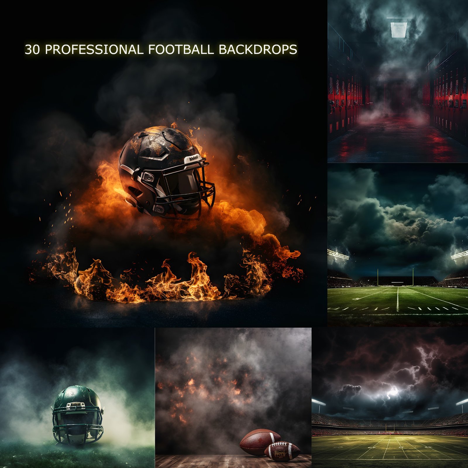 Epic football digital backdrop with fire, smoke, and fog under bright stadium lights — perfect for sports portraits, senior photos, team posters, and professional football photography backgrounds.