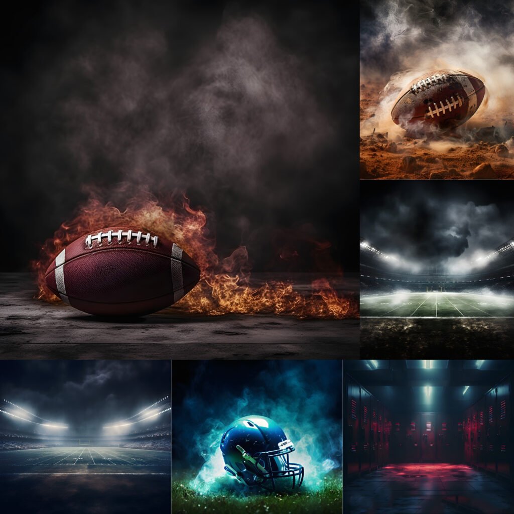 Epic football digital backdrop with fire, smoke, and fog under bright stadium lights — perfect for sports portraits, senior photos, team posters, and professional football photography backgrounds.