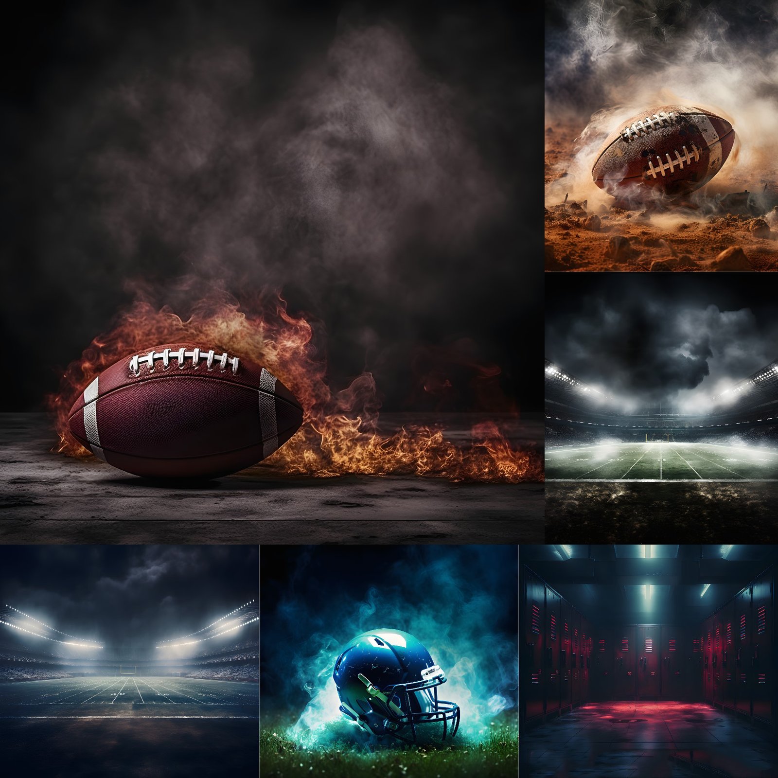 Epic football digital backdrop with fire, smoke, and fog under bright stadium lights — perfect for sports portraits, senior photos, team posters, and professional football photography backgrounds.
