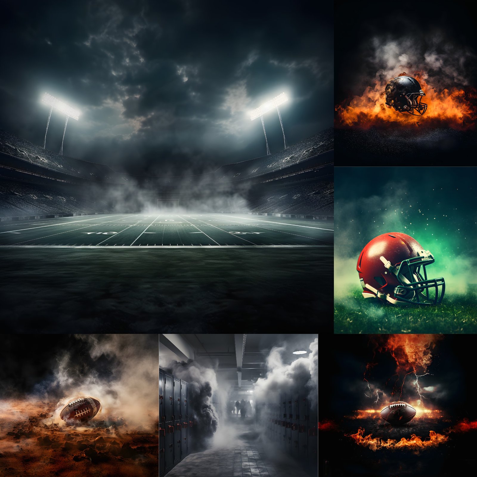 Epic football digital backdrop with fire, smoke, and fog under bright stadium lights — perfect for sports portraits, senior photos, team posters, and professional football photography backgrounds.