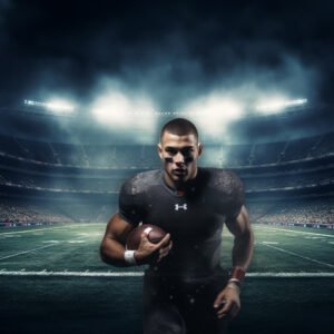 Epic football digital backdrop with fire, smoke, and fog under bright stadium lights — perfect for sports portraits, senior photos, team posters, and professional football photography backgrounds.