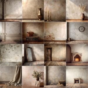 Elegant Old Master beige studio digital backdrops collection with painterly fine art textures, vintage tones, and classic studio lighting — perfect for maternity, wedding, and portrait photography editing in Photoshop or Canva.