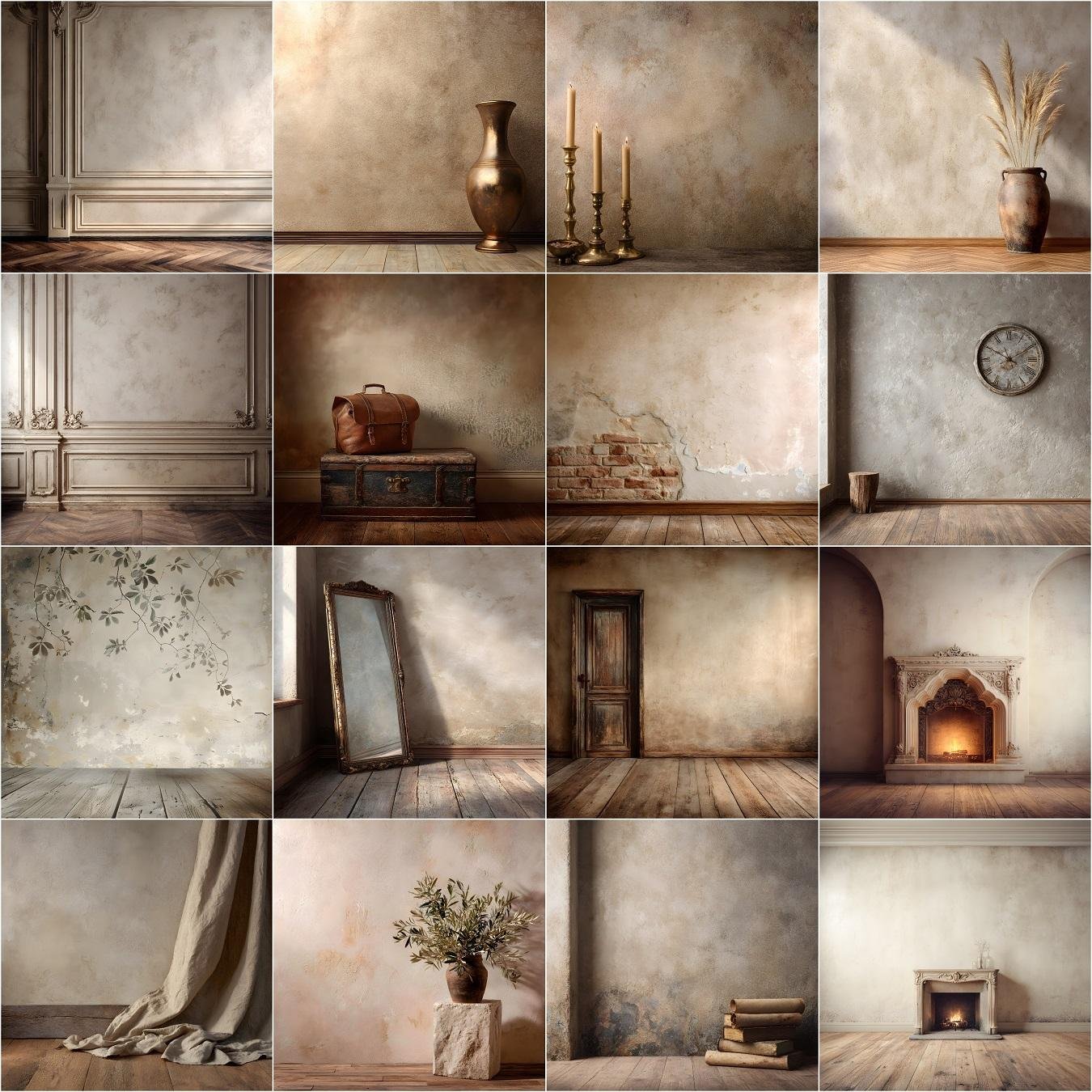 Elegant Old Master beige studio digital backdrops collection with painterly fine art textures, vintage tones, and classic studio lighting — perfect for maternity, wedding, and portrait photography editing in Photoshop or Canva.