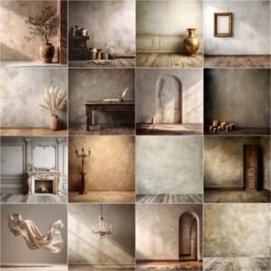 Elegant Old Master beige studio digital backdrops collection with painterly fine art textures, vintage tones, and classic studio lighting — perfect for maternity, wedding, and portrait photography editing in Photoshop or Canva.