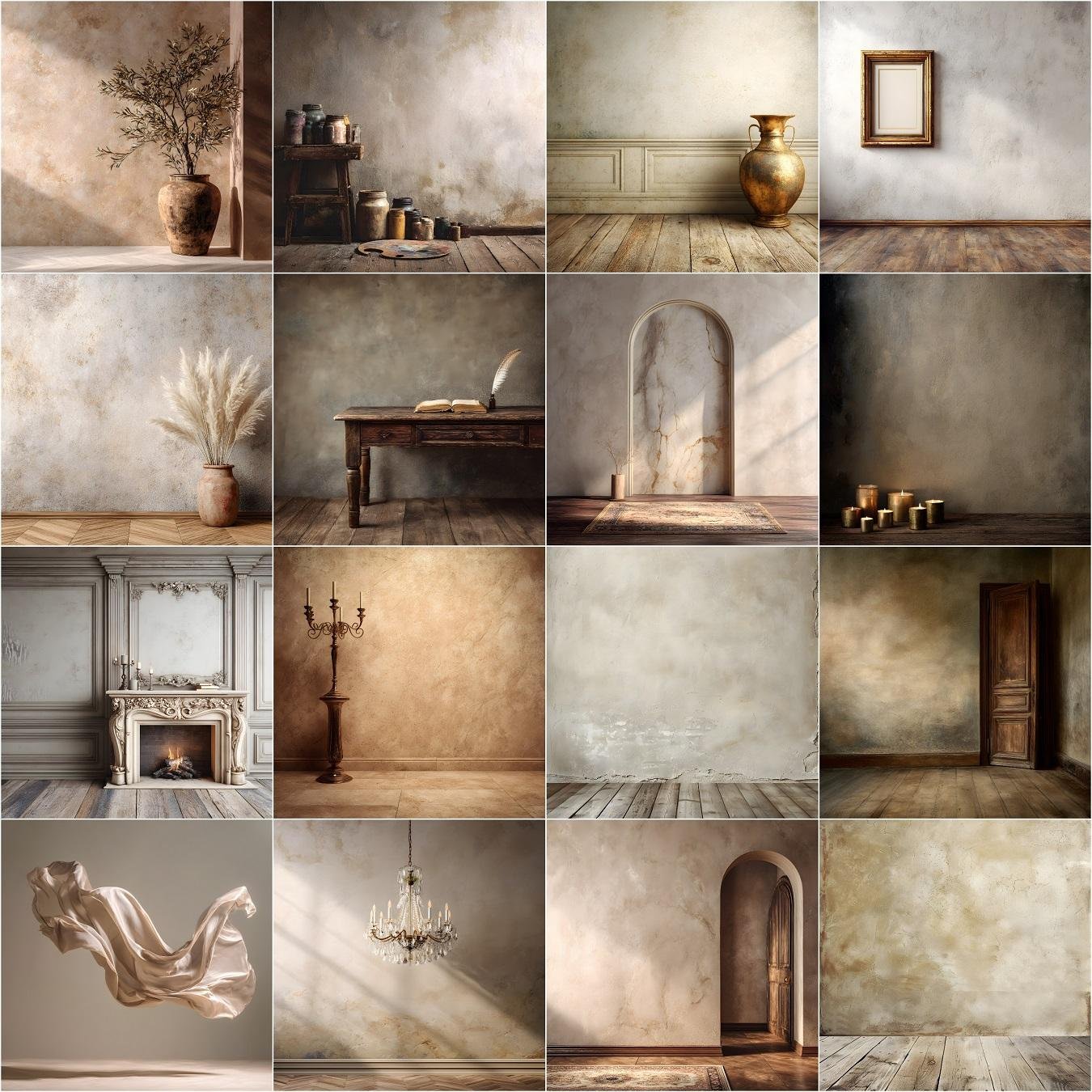 Elegant Old Master beige studio digital backdrops collection with painterly fine art textures, vintage tones, and classic studio lighting — perfect for maternity, wedding, and portrait photography editing in Photoshop or Canva.