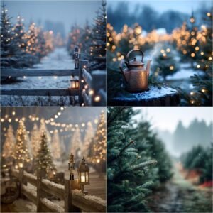 Cozy moody Christmas tree farm digital backdrop with soft bokeh lights, vintage festive elements, and elegant winter atmosphere — perfect holiday background for portrait photography, fine art edits, and Christmas photo composites.