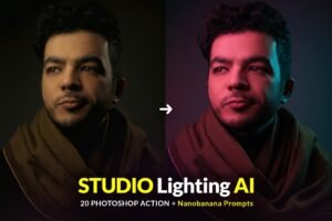 Free Studio Lighting AI Photoshop Action, FREE 20 Powerful Lighting Prompt