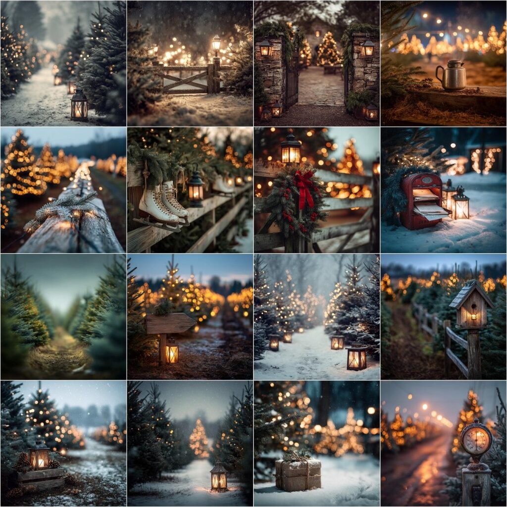 Cozy moody Christmas tree farm digital backdrop with night lighting, glowing bokeh lights, soft-focused Christmas tree rows, and detailed vintage festive elements for holiday photography.