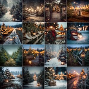 Cozy moody Christmas tree farm digital backdrop with night lighting, glowing bokeh lights, soft-focused Christmas tree rows, and detailed vintage festive elements for holiday photography.