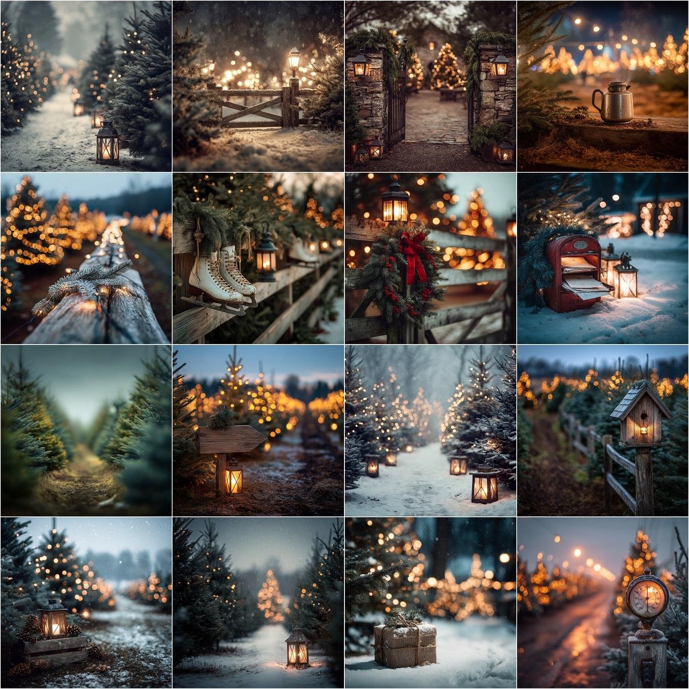 Cozy moody Christmas tree farm digital backdrop with night lighting, glowing bokeh lights, soft-focused Christmas tree rows, and detailed vintage festive elements for holiday photography.