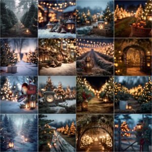 Cozy moody Christmas tree farm digital backdrop with night lighting, glowing bokeh lights, soft-focused Christmas tree rows, and detailed vintage festive elements for holiday photography.