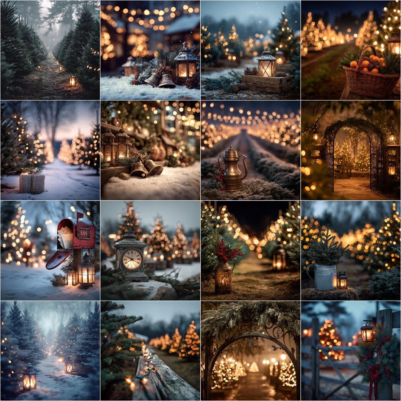 Cozy moody Christmas tree farm digital backdrop with night lighting, glowing bokeh lights, soft-focused Christmas tree rows, and detailed vintage festive elements for holiday photography.