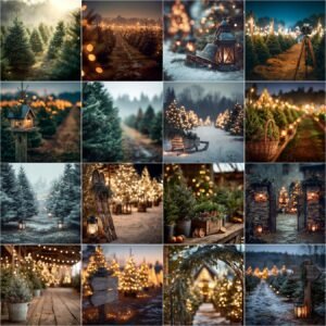 Cozy moody Christmas tree farm digital backdrop with night lighting, glowing bokeh lights, soft-focused Christmas tree rows, and detailed vintage festive elements for holiday photography.
