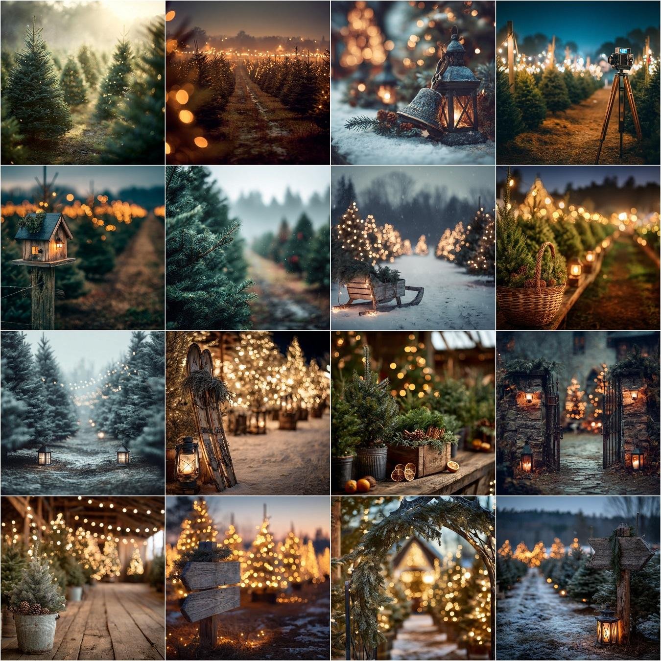 Cozy moody Christmas tree farm digital backdrop with night lighting, glowing bokeh lights, soft-focused Christmas tree rows, and detailed vintage festive elements for holiday photography.