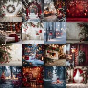 Red Christmas digital backdrop set featuring studio and outdoor holiday scenes, decorated trees, fireplaces, garlands, and cozy fine-art winter backgrounds.