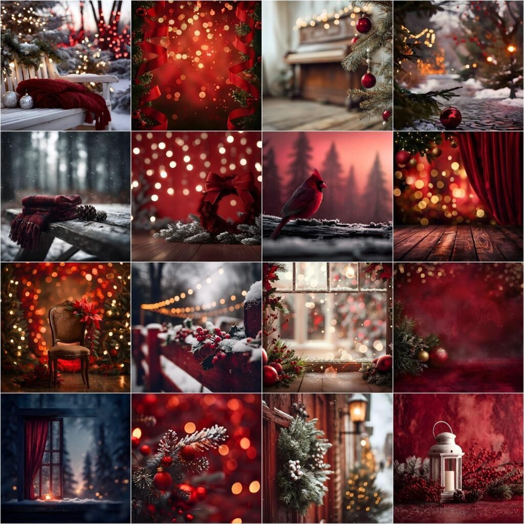 Red Christmas digital backdrop set featuring studio and outdoor holiday scenes, decorated trees, fireplaces, garlands, and cozy fine-art winter backgrounds.